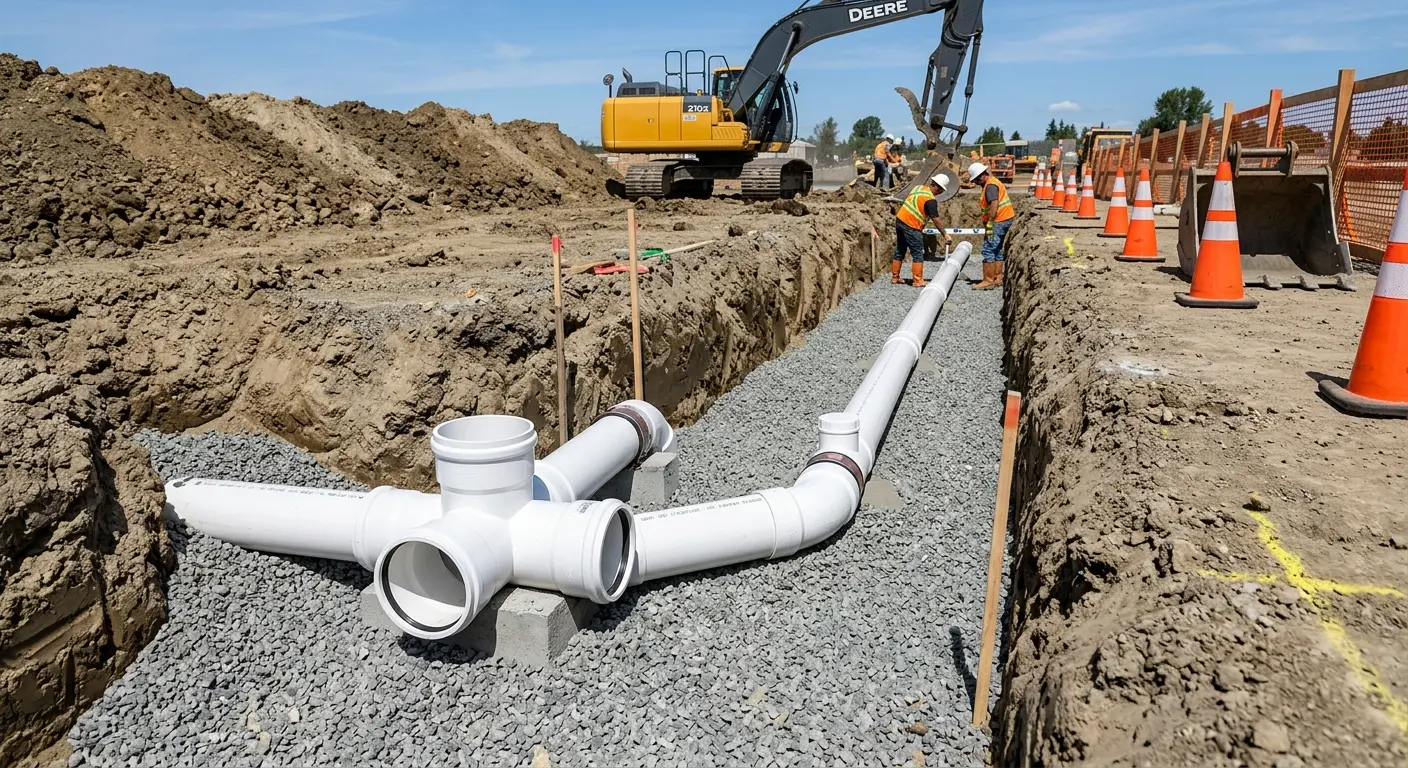 New PVC sewer pipe installation in open trench for Commercial Drain Cleaning in Hailey