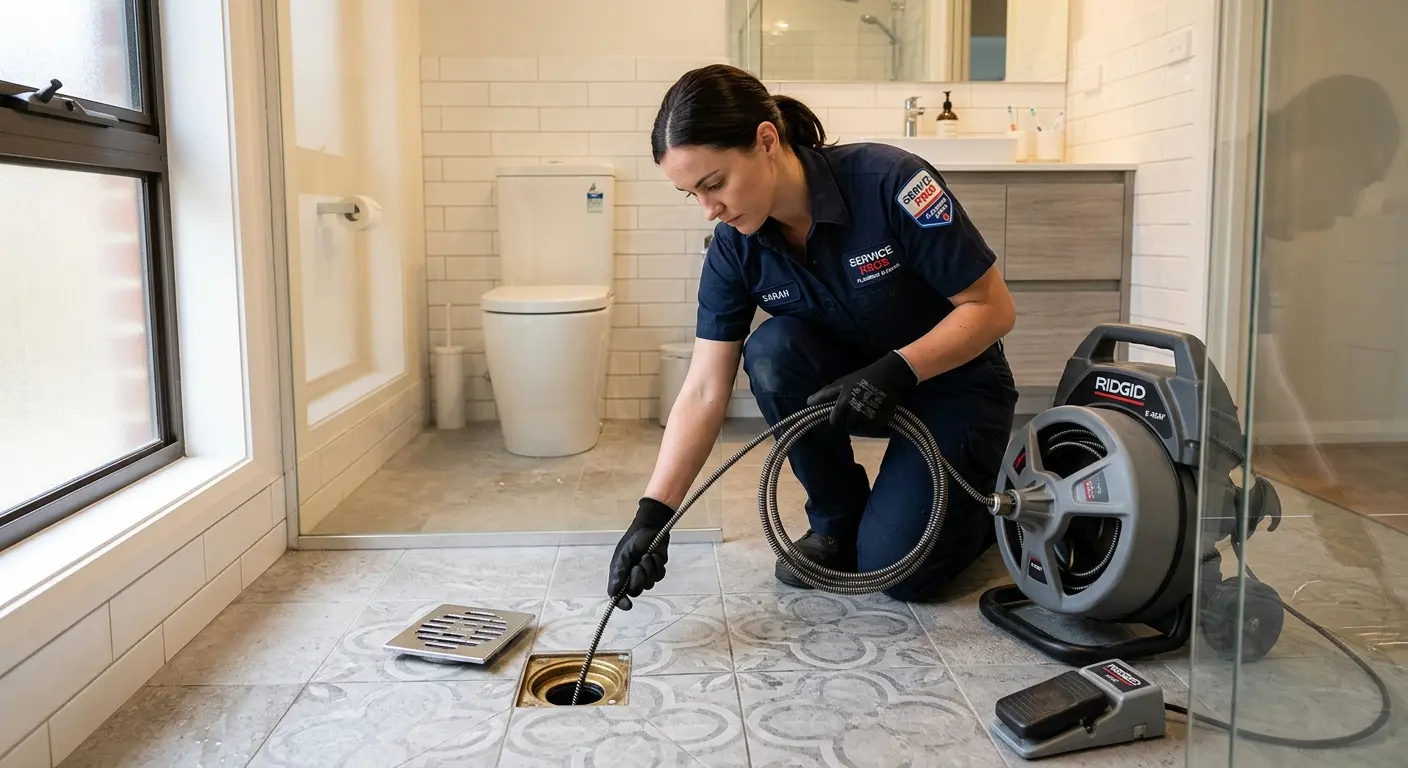 Technician clearing a bathroom floor drain for Clogged Drain Repair in Hailey